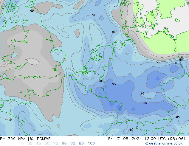 Humedad rel. 700hPa ECMWF vie 17.05.2024 12 UTC