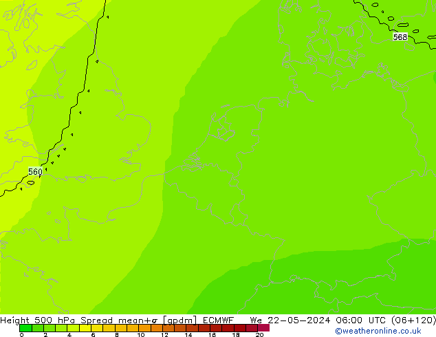 Height 500 hPa Spread ECMWF śro. 22.05.2024 06 UTC