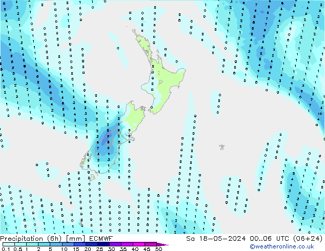 Precipitation (6h) ECMWF Sa 18.05.2024 06 UTC