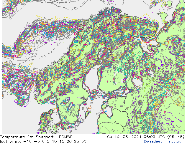 mapa temperatury 2m Spaghetti ECMWF nie. 19.05.2024 06 UTC