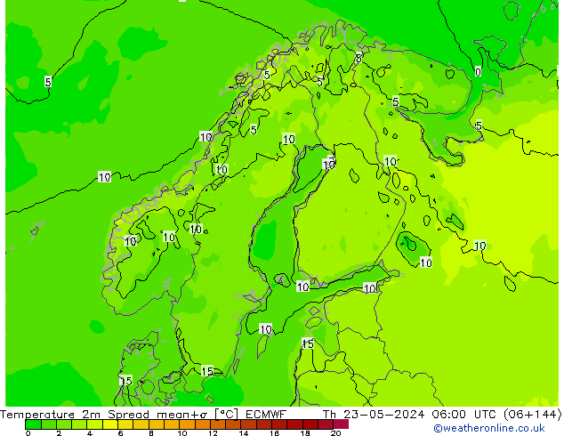 Temperature 2m Spread ECMWF Th 23.05.2024 06 UTC