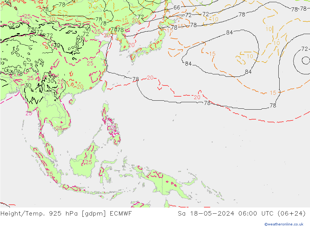 Géop./Temp. 925 hPa ECMWF sam 18.05.2024 06 UTC