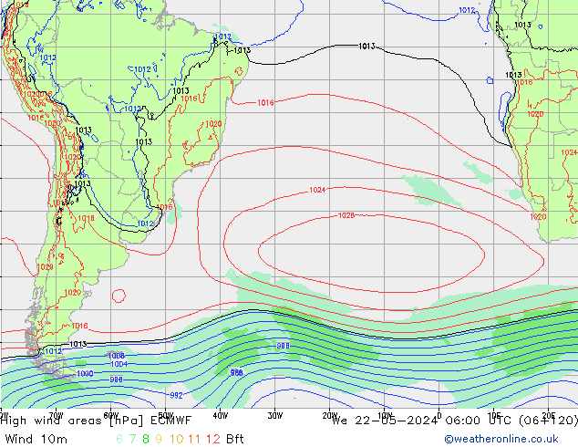 High wind areas ECMWF mié 22.05.2024 06 UTC