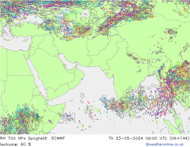 RH 700 hPa Spaghetti ECMWF Čt 23.05.2024 06 UTC