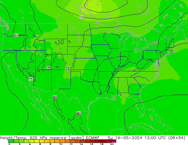 Height/Temp. 925 hPa ECMWF dom 19.05.2024 12 UTC