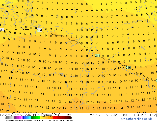 Height/Temp. 700 hPa ECMWF We 22.05.2024 18 UTC