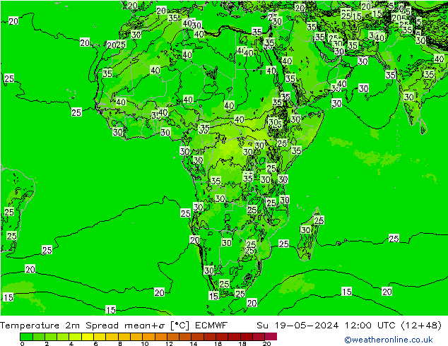 Temperature 2m Spread ECMWF Ne 19.05.2024 12 UTC