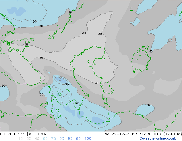 RH 700 hPa ECMWF śro. 22.05.2024 00 UTC