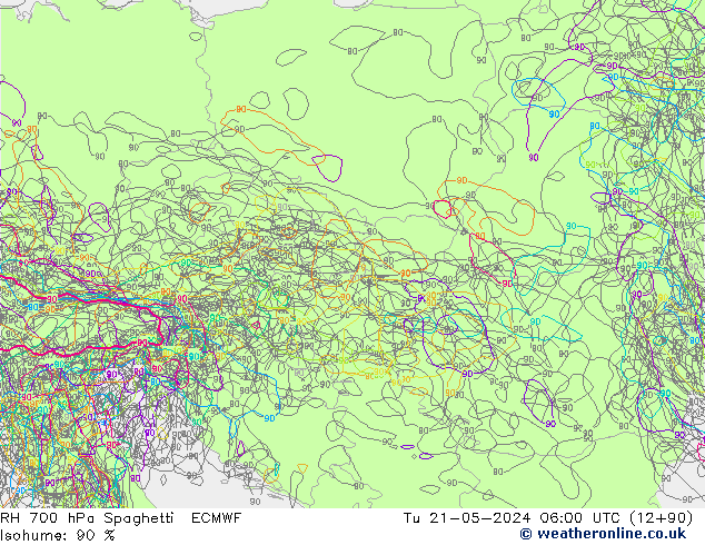 RH 700 hPa Spaghetti ECMWF Tu 21.05.2024 06 UTC