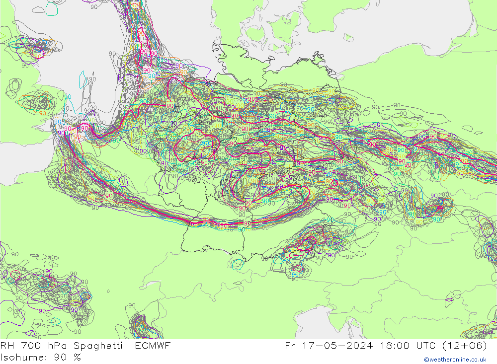 RH 700 hPa Spaghetti ECMWF 星期五 17.05.2024 18 UTC
