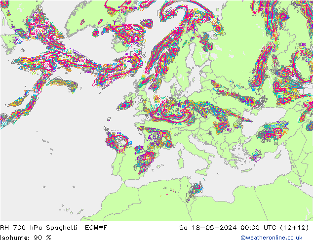 RH 700 hPa Spaghetti ECMWF Sáb 18.05.2024 00 UTC