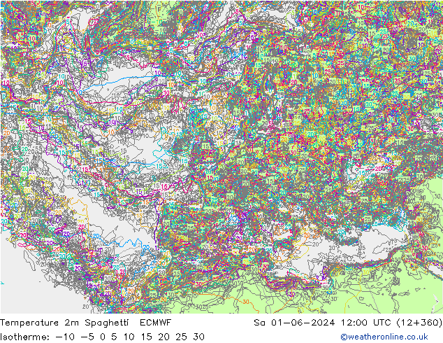 Temperature 2m Spaghetti ECMWF Sa 01.06.2024 12 UTC