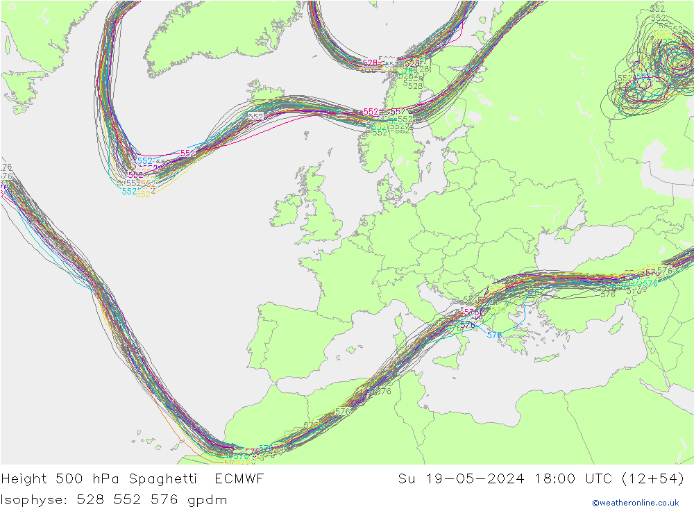 Geop. 500 hPa Spaghetti ECMWF dom 19.05.2024 18 UTC