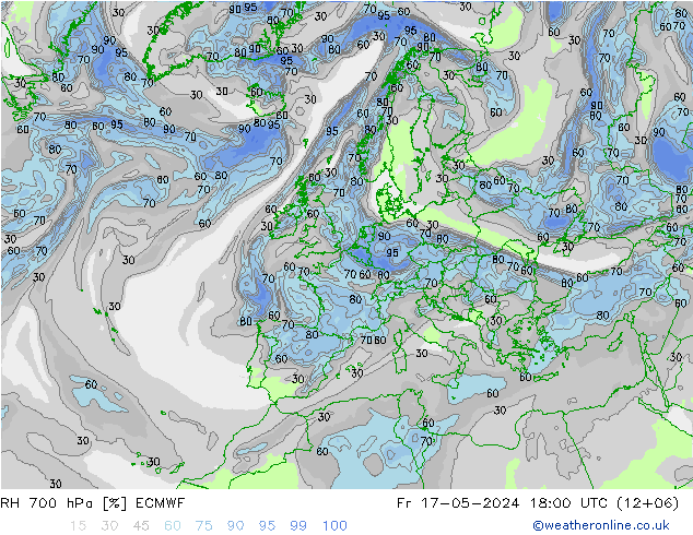 Humedad rel. 700hPa ECMWF vie 17.05.2024 18 UTC