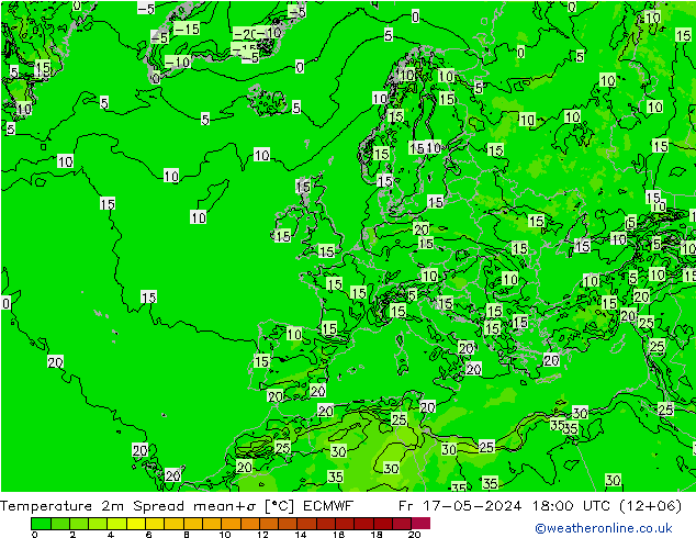 Temperatura 2m Spread ECMWF vie 17.05.2024 18 UTC