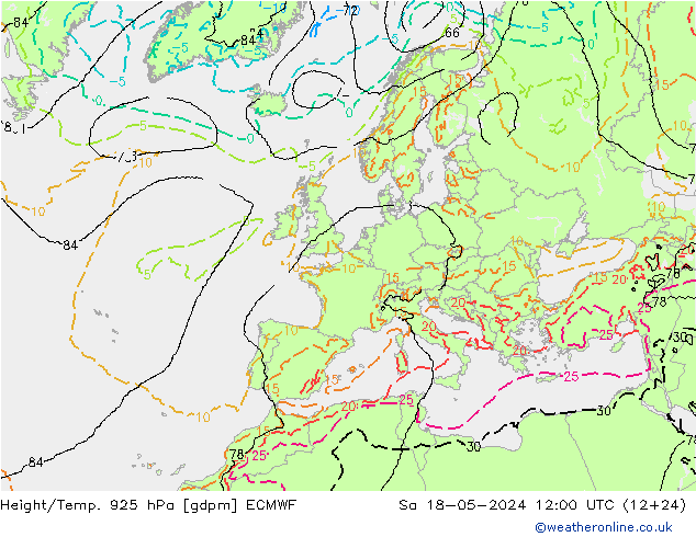 Height/Temp. 925 hPa ECMWF sab 18.05.2024 12 UTC