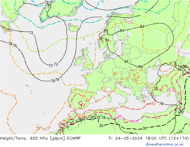 Height/Temp. 925 hPa ECMWF pt. 24.05.2024 18 UTC