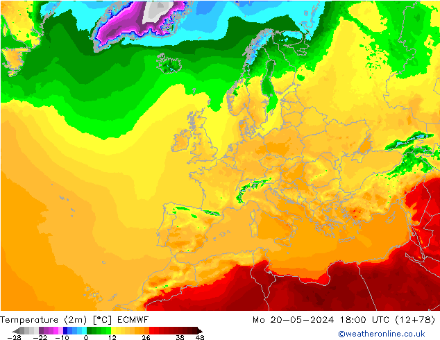 Temperatuurkaart (2m) ECMWF ma 20.05.2024 18 UTC