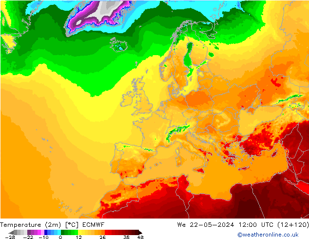 mapa temperatury (2m) ECMWF śro. 22.05.2024 12 UTC