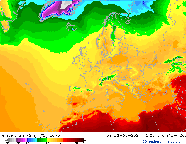 Temperatura (2m) ECMWF mer 22.05.2024 18 UTC