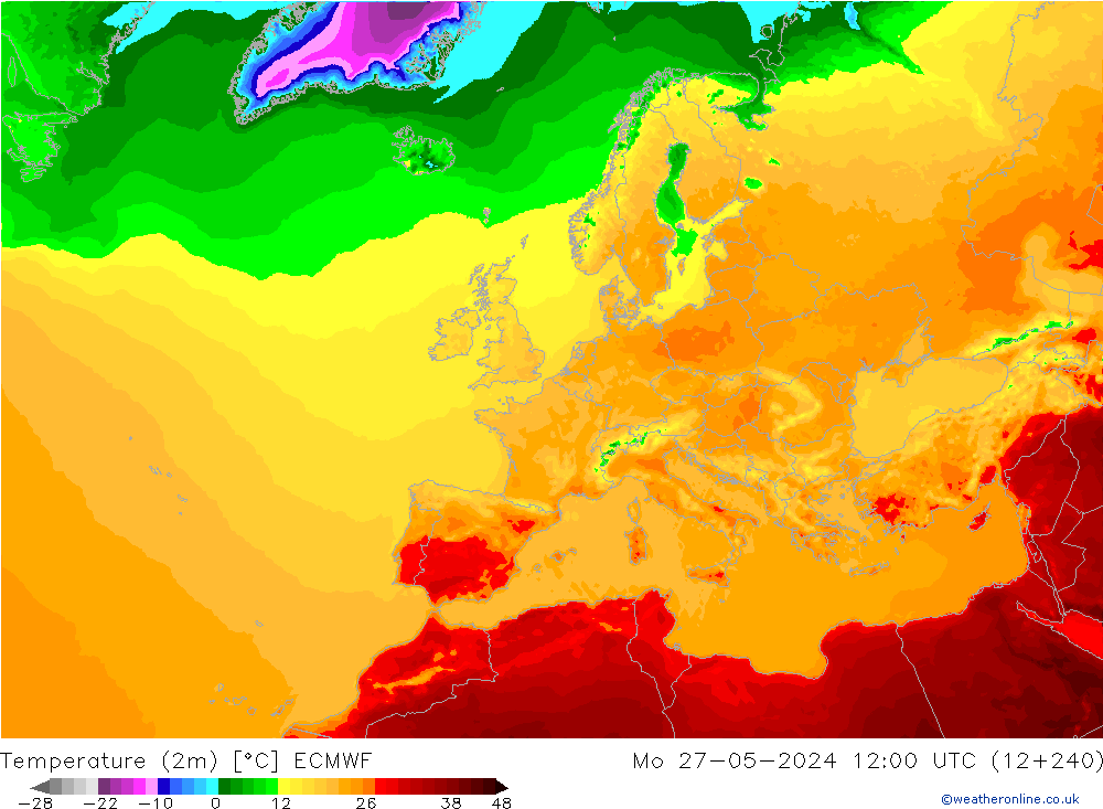 Temperatuurkaart (2m) ECMWF ma 27.05.2024 12 UTC