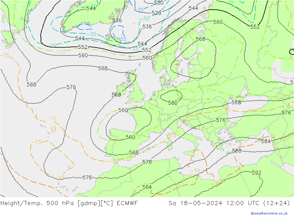 Height/Temp. 500 hPa ECMWF sab 18.05.2024 12 UTC