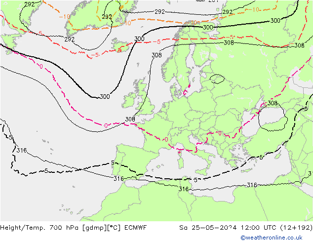Height/Temp. 700 hPa ECMWF Sa 25.05.2024 12 UTC