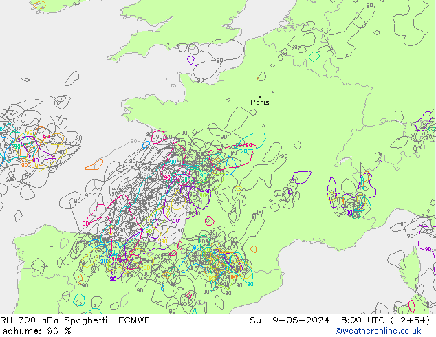 RH 700 hPa Spaghetti ECMWF Ne 19.05.2024 18 UTC