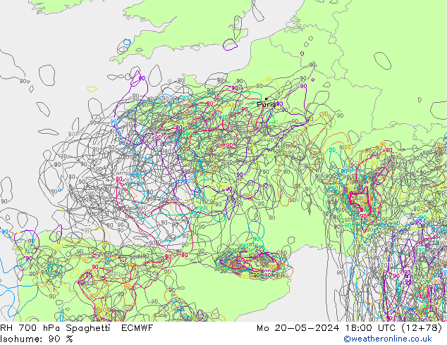 RH 700 hPa Spaghetti ECMWF Mo 20.05.2024 18 UTC