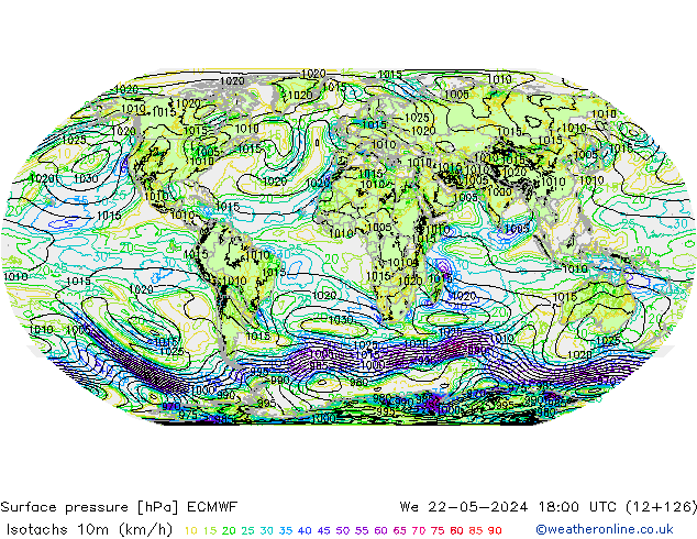 Isotachs (kph) ECMWF We 22.05.2024 18 UTC