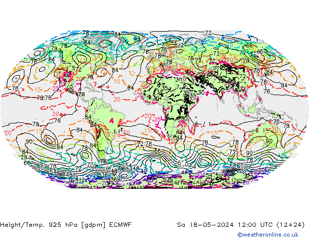 Height/Temp. 925 hPa ECMWF so. 18.05.2024 12 UTC