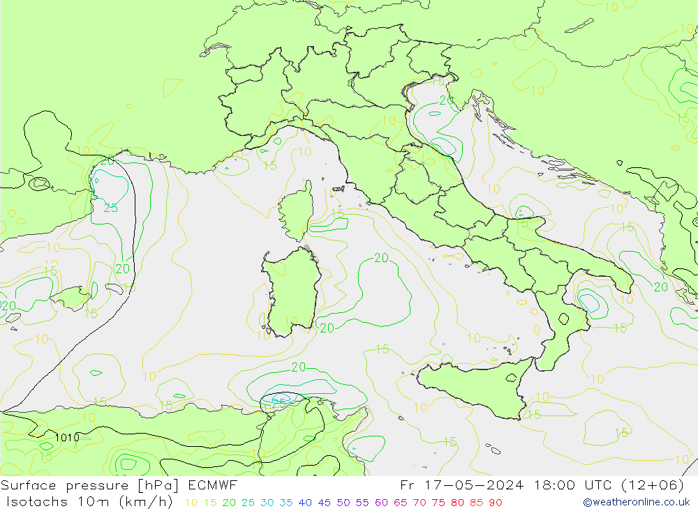 Izotacha (km/godz) ECMWF pt. 17.05.2024 18 UTC