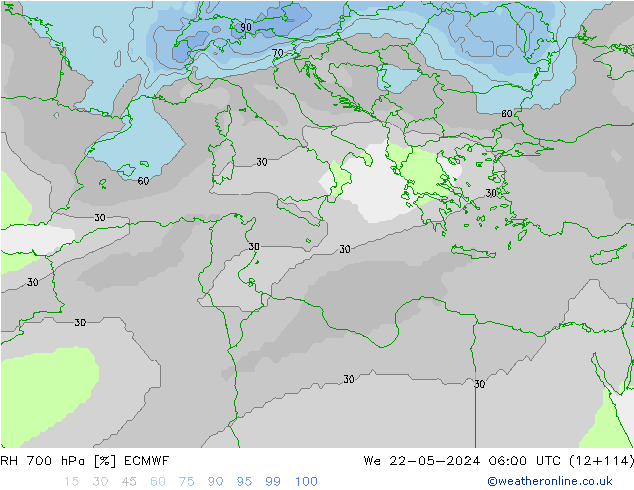 RH 700 hPa ECMWF Qua 22.05.2024 06 UTC