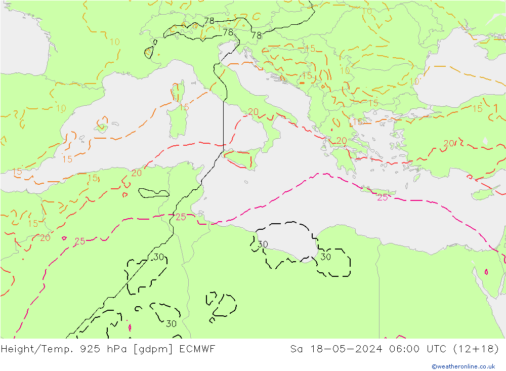 Height/Temp. 925 hPa ECMWF Sáb 18.05.2024 06 UTC