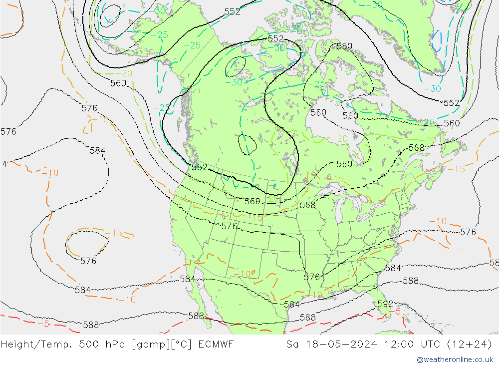 Height/Temp. 500 hPa ECMWF Sa 18.05.2024 12 UTC