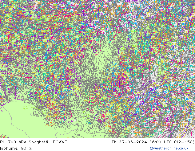 RH 700 hPa Spaghetti ECMWF Th 23.05.2024 18 UTC