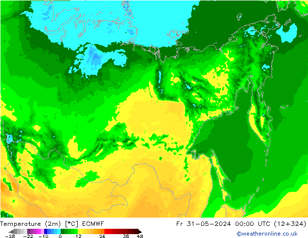 Temperatuurkaart (2m) ECMWF vr 31.05.2024 00 UTC