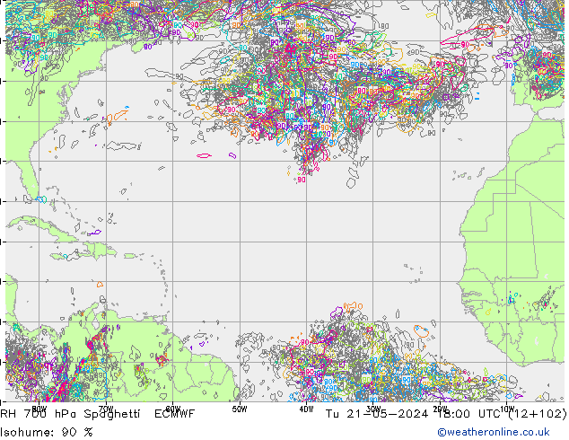 Humedad rel. 700hPa Spaghetti ECMWF mar 21.05.2024 18 UTC