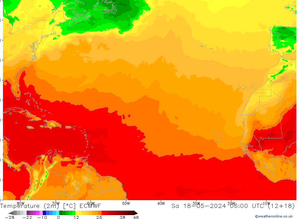 mapa temperatury (2m) ECMWF so. 18.05.2024 06 UTC