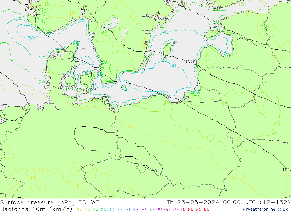 Isotachs (kph) ECMWF  23.05.2024 00 UTC