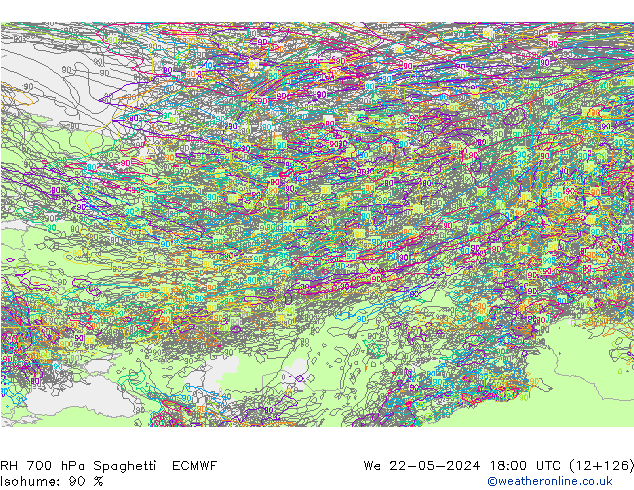 RH 700 гПа Spaghetti ECMWF ср 22.05.2024 18 UTC