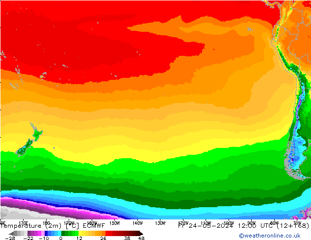 mapa temperatury (2m) ECMWF pt. 24.05.2024 12 UTC