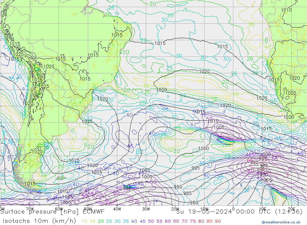 Izotacha (km/godz) ECMWF nie. 19.05.2024 00 UTC