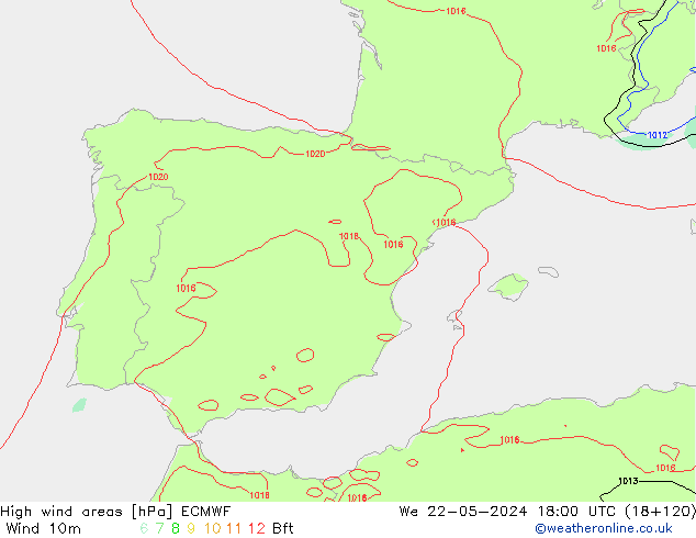 High wind areas ECMWF Qua 22.05.2024 18 UTC