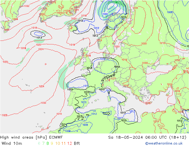 High wind areas ECMWF sáb 18.05.2024 06 UTC