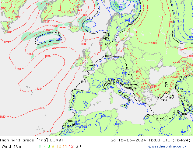 High wind areas ECMWF Sa 18.05.2024 18 UTC