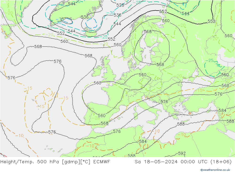 Geop./Temp. 500 hPa ECMWF sáb 18.05.2024 00 UTC