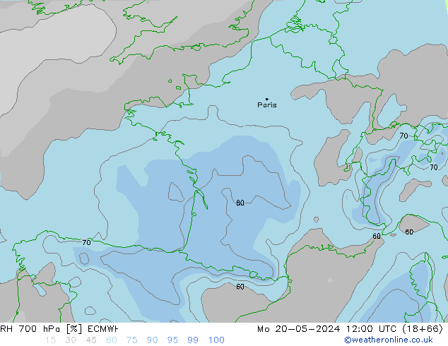 Humedad rel. 700hPa ECMWF lun 20.05.2024 12 UTC