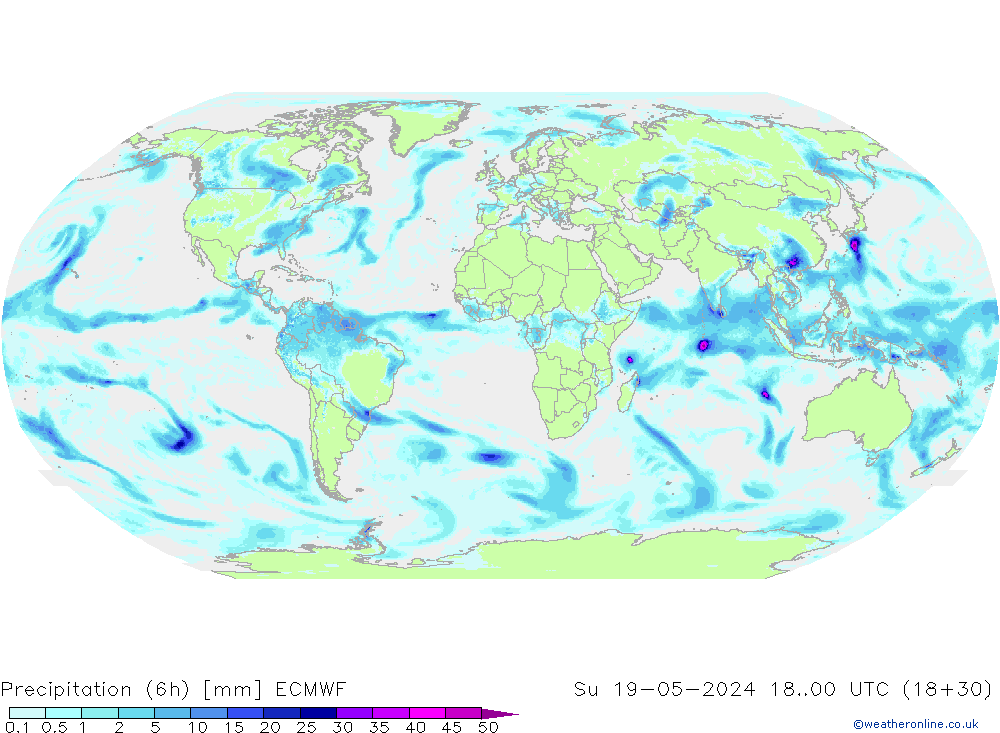 Totale neerslag (6h) ECMWF zo 19.05.2024 00 UTC