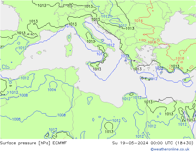 Pressione al suolo ECMWF dom 19.05.2024 00 UTC